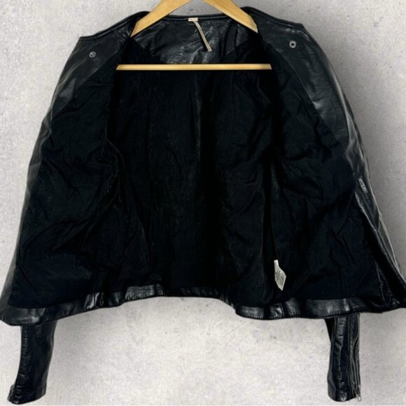 Free People Quilted Vegan Collarless Leather Jacket Black Size 4 Moto Biker Coat - Picture 6 of 15